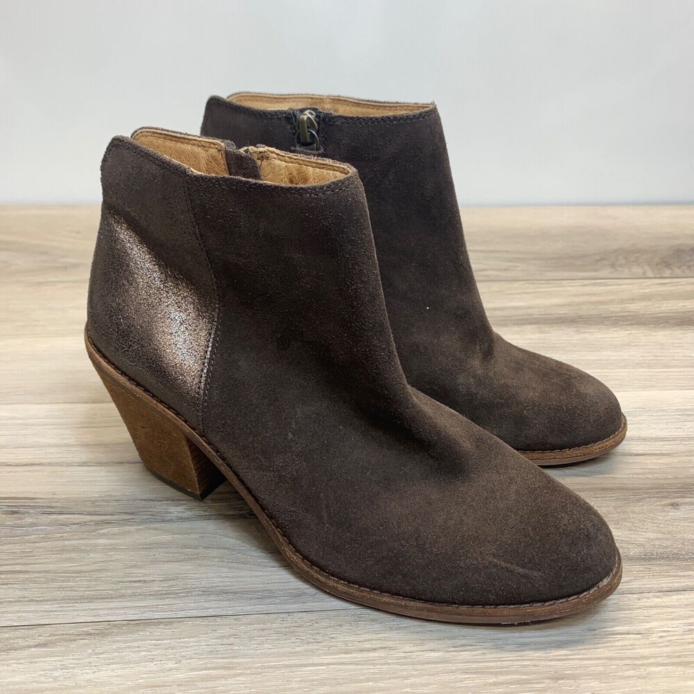 Sofft Womens Tilton Boot Size 7.5 Block Heel Brown Suede Metallic Leather Bootie